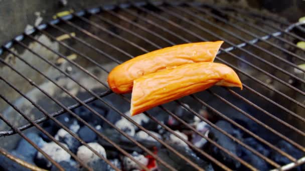 Сочная колбаса на горячем гриле во время летнего барбекю в замедленной съемке — стоковое видео