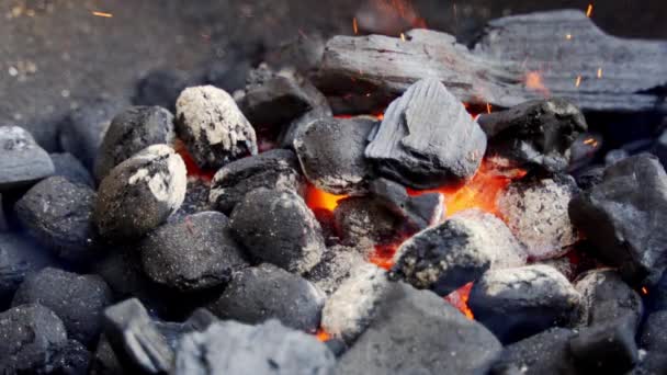 Close-up van gloeiende kolen in metalen rooster op zomerdag in slow motion — Stockvideo