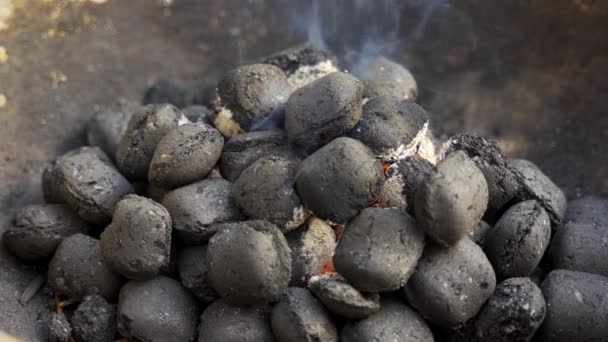 Closeup de carvão brilhante na grade de metal no dia de verão no jardim — Vídeo de Stock
