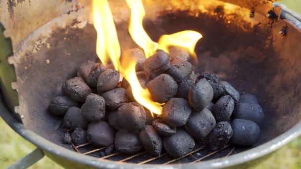 Närbild av glödande kol i metall grill på sommardag i trädgården — Stockvideo