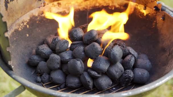 Zbliżenie świecącego węgla w metalowym grillu w letni dzień w ogrodzie — Wideo stockowe