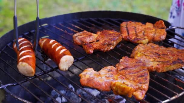 Различные виды сочного мяса на горячих углях на гриле в саду — стоковое видео