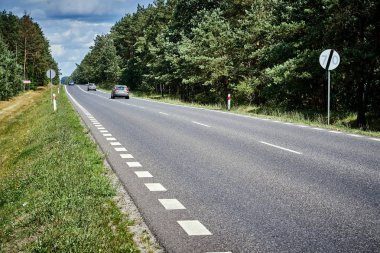 Yaz aylarında yeşil ormanda güzel siyah asfalt yol