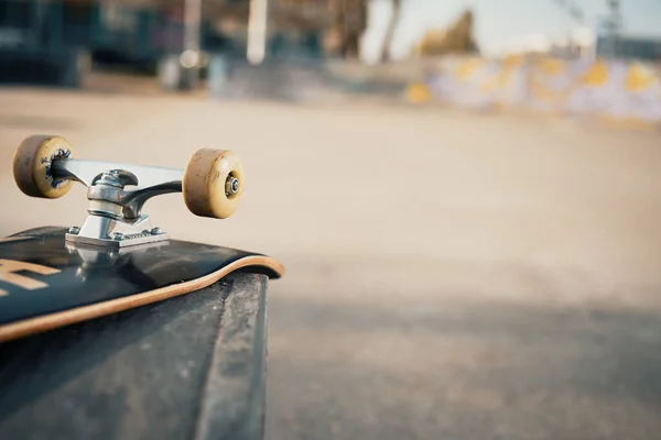 Close up of skateboard wheels in concrete skatepark on warm day — Stock fotografie