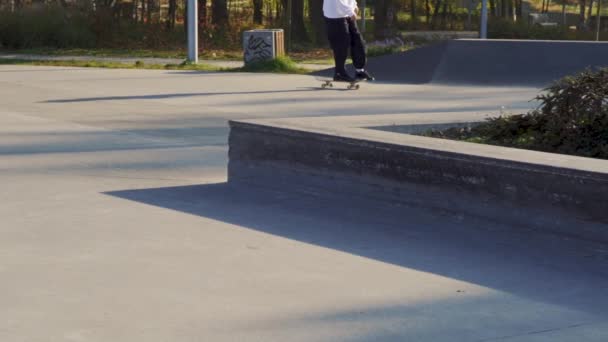 Skateboarder rides skateboard in skatepark on autumn day — Stockvideo