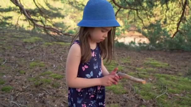 Klein meisje in een zomer jurk is met een houten speelgoed pistool in een dennenbos — Stockvideo