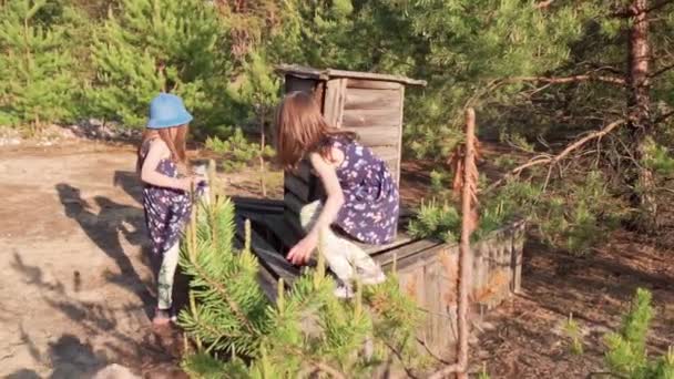 옷을 입은 어린 소녀들 이 숲 속버려진 낡은 벤치에서 노는 모습 — 비디오
