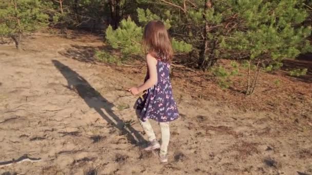 Dívka v letních šatech běží v borovém lese — Stock video