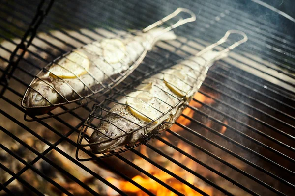 Läcker öring med kryddor stekt på en grill över en eld — Stockfoto