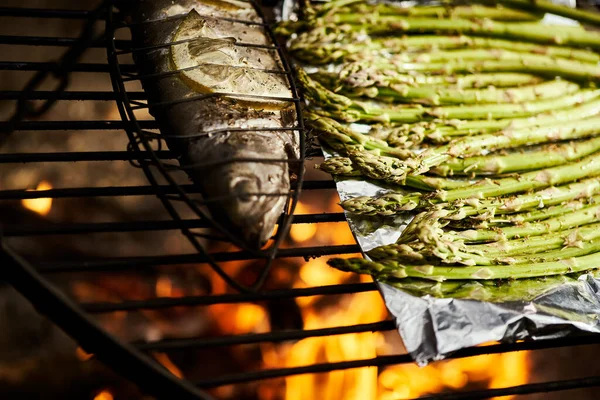 Pisztráng fűszerekkel és zöld spárgával grillsütőn a tűz felett — Stock Fotó