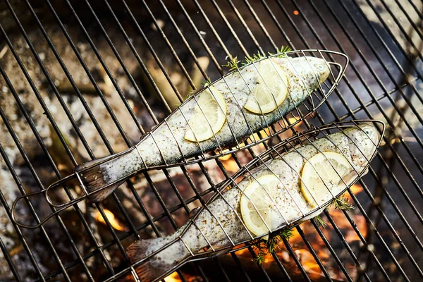 Pyszne pstrągi z przyprawami pieczone na grillu przy ognisku — Zdjęcie stockowe