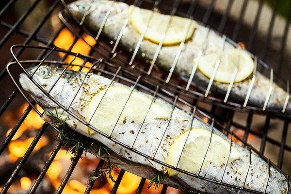 Pyszne pstrągi z przyprawami pieczone na grillu przy ognisku — Zdjęcie stockowe