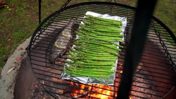 Forelle mit Gewürzen und grünem Spargelbraten auf dem Grill über dem Feuer — Stockvideo