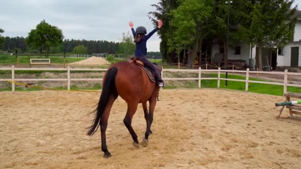 Lilla flicka lär sig rida på hästhagen — Stockvideo