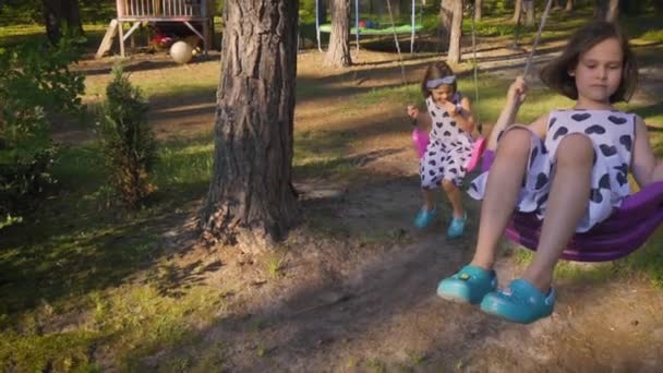 Две красивые девушки качаются на качелях в лесу — стоковое видео