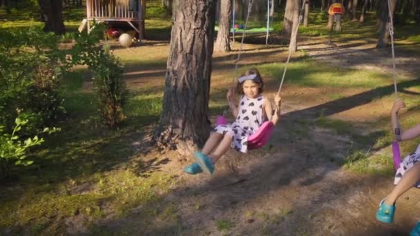 Duas meninas bonitas estão balançando em um balanço na floresta — Vídeo de Stock