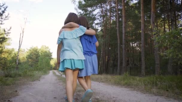 Deux jolies filles marchent le long de la route de la forêt et parlent — Video