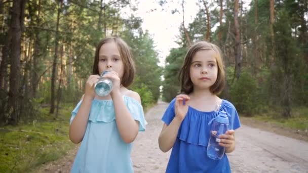 Twee leuke meisjes lopen langs de bosweg en drinkwater — Stockvideo