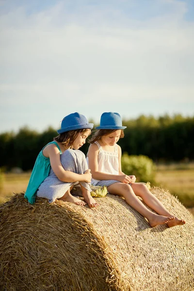 Dos chicas encantadoras están sentadas en un rollo de centeno segado en un campo — Foto de Stock