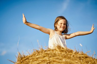 Tatlı küçük kız tarlada biçilmiş çavdarın üzerinde oturuyor. 