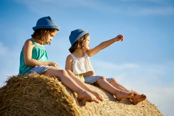 stock image two charming girls are sitting on a roll of mown rye in a field