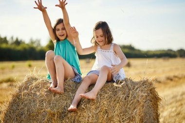 İki büyüleyici kız bir tarlada biçilmiş çavdar ekmeğinin üzerinde oturuyor.