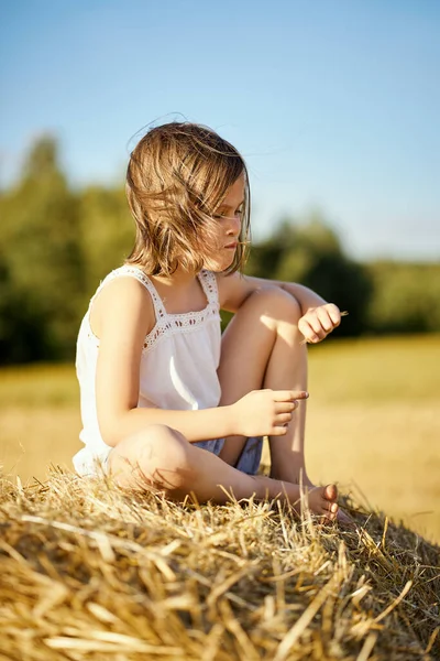 Gadis kecil yang lucu duduk di gundukan gandum di lapangan Stok Gambar