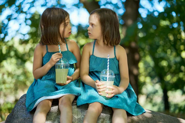 Elbiseli iki tatlı kız bir taşın üzerinde oturup limonata içiyor. — Stok fotoğraf