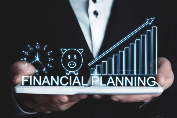 Man Holding Clock Piggy Bank Financial Graph Financial Planning Concept — Stock Photo, Image
