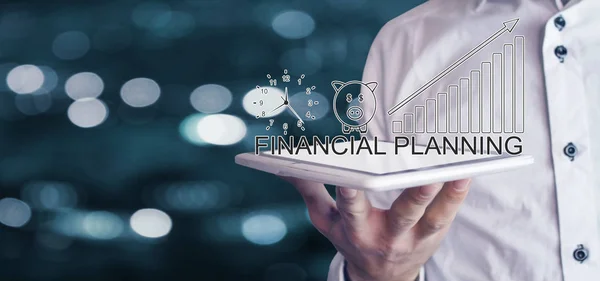 Man Holding Clock Piggy Bank Financial Graph Financial Planning Concept — Stock Photo, Image