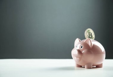 Kumbara ile altın Bitcoin. Cryptocurrency yatırım kavramı