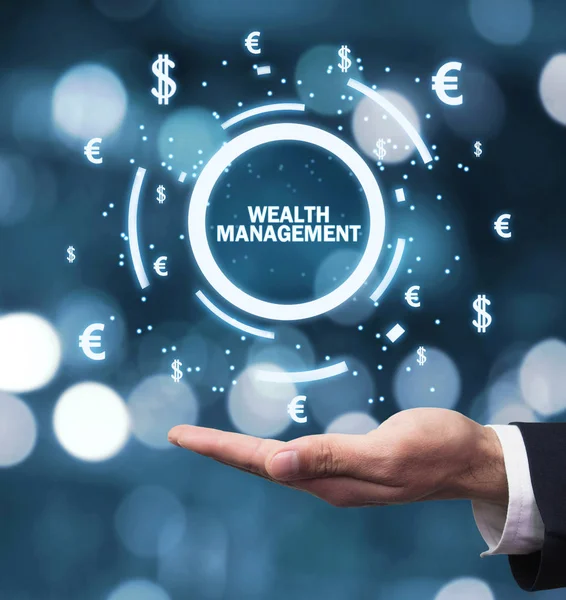 Αρσενική Χέρι Που Κρατά Wealth Management Λέξη Σύμβολα Νομισμάτων — Φωτογραφία Αρχείου