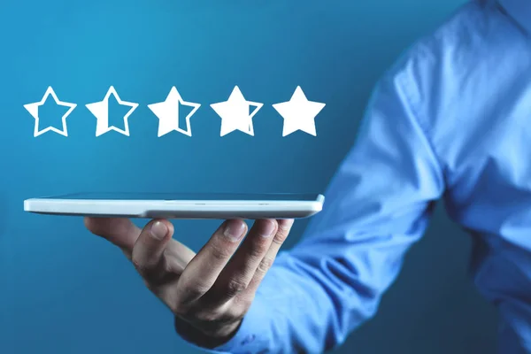 Man Holding Tablet Five Stars Increase Rating — Stock Photo, Image