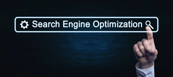 Hand Touching Search Engine Optimization Text — Stock Photo, Image