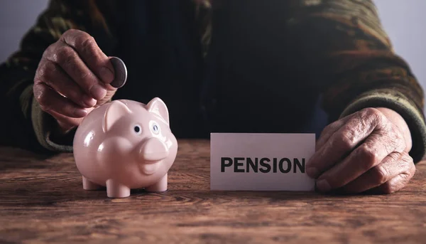 Elderly woman putting money to piggy bank. Pension