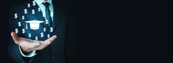 Man Holding Graduation Cap Dollar Signs — Stock Photo, Image