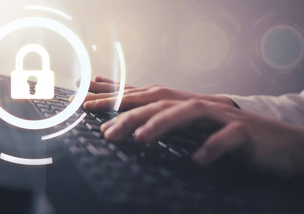 Hand typing laptop keyboard. Internet security — Stock Photo, Image