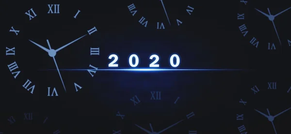 Nový rok 2020 s hodinami na tmavém pozadí. — Stock fotografie
