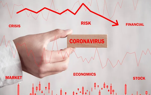 Hand Zeigt Holzblock Coronavirus Aktienmarkt Fällt Finanzkrise — Stockfoto