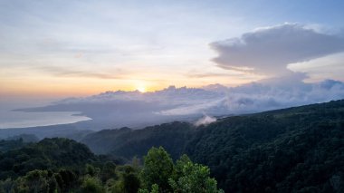 Güneş doğarken verimli tropikal orman vadisinin insansız hava görüntüsü. Yeşil ağaçlar, tepeler ve gökyüzünde yumuşak sabah ışığı olan manzaralı bir dağ manzarası. Güzel doğal manzara, huzurlu ve huzurlu çevre..