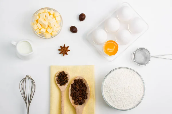 Cooking Baking Flat Lay Background Eggs Yolk Cup Butter Flour — Stock Photo, Image