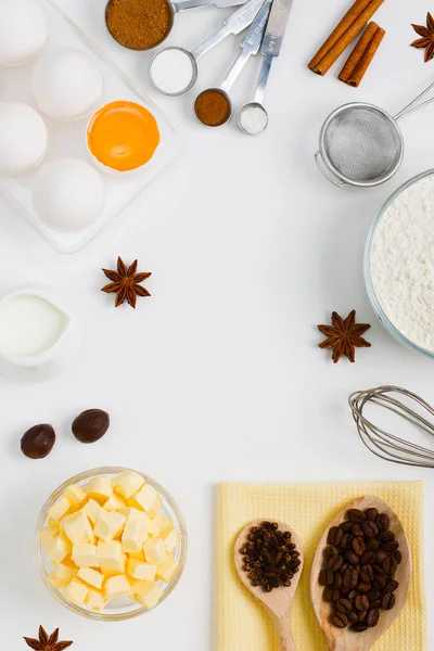 Cooking Baking Flat Lay Background Eggs Yolk Cup Butter Cup — Stock Photo, Image