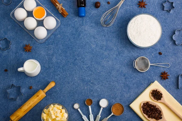 Baking Background Eggs Flour Milk Butter Spices Anise Cinnamon Nutmeg — Stock Photo, Image