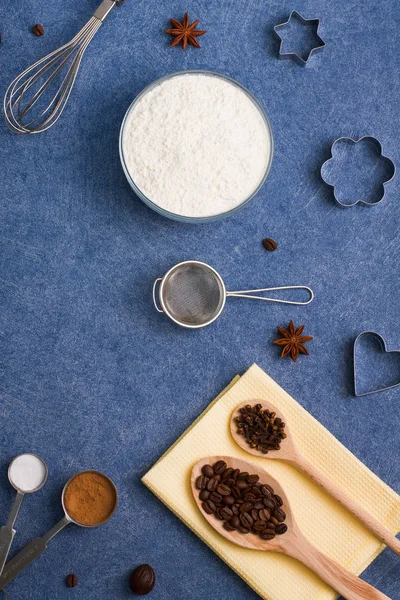 Baking Composition Cup Flour Spices Anise Nutmeg Coffee Beans Cocoa — Stock Photo, Image