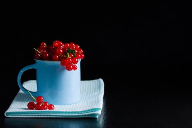 Somun kazık (ribes rubrum) mavi peçete, koyu ahşap arka plan üzerinde mavi Kupası'nda. Pişirme