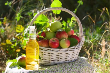 Yeşil ve kırmızı elma, elma suyu, meyve suyu veya cam şişe, sirke ile beyaz hasır sepet doğa arka planda, güneş ışığı bırakır. Yaz, sonbahar, taze elma hasat, hasat.
