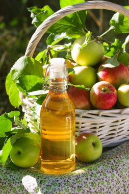 Yeşil ve kırmızı elma, elma suyu, meyve suyu veya cam şişe, sirke ile beyaz hasır sepet doğa arka planda, güneş ışığı bırakır. Yaz, sonbahar, taze elma hasat, hasat.