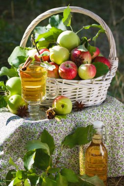 Yeşil ve kırmızı elma, elma suyu, meyve suyu veya cam şişe, sirke ile beyaz hasır sepet doğa arka planda, güneş ışığı bırakır. Yaz, sonbahar, taze elma hasat, hasat.