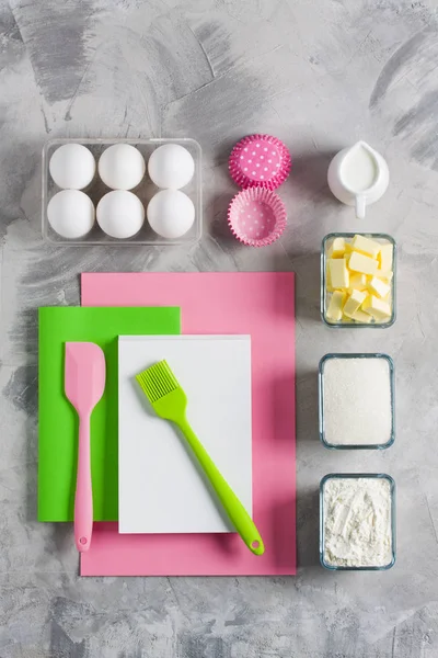 Cooking Baking Kids Flat Lay Background Concept Pink Paper Green — Stock Photo, Image