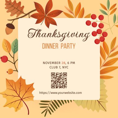 Şükran Günü için bir davetiye. Kartpostal şablonu. Vektör çizimi. Sosyal medyada, el ilanlarında, davetiye kartlarında kullanılabilir..